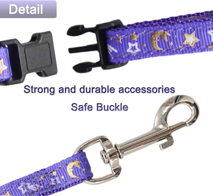 Cat Harness and Leash Set for Outdoor Walking Escape Proof Adjustable Soft Safety Strap with Golden Star and Moon Design Glow in The Dark Purple Large