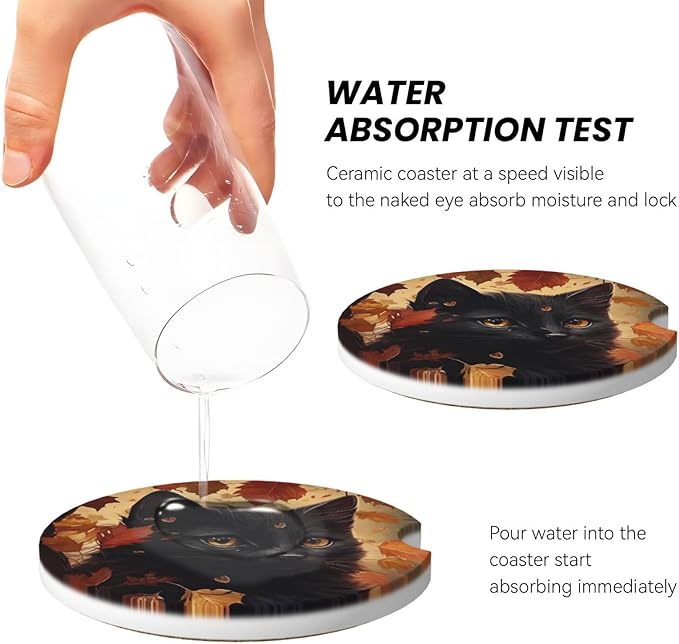 Absorbent Ceramic Car Coasters for Cup Holders, Black Cat Fall Leaf Design 2.56" Anti Slip Universal Drink Cup Coasters for Women Men (2 Pack)