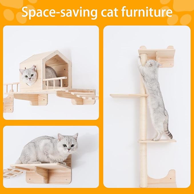 Cat Shelves for Wall, Cat Climbing Shelves Wall Mounted Cat Furniture Set, Cat Wall Shelf with 1 Cat Wall House, 1 Bridge Ladder, 3 Cat Scratching Post and 5 Steps
