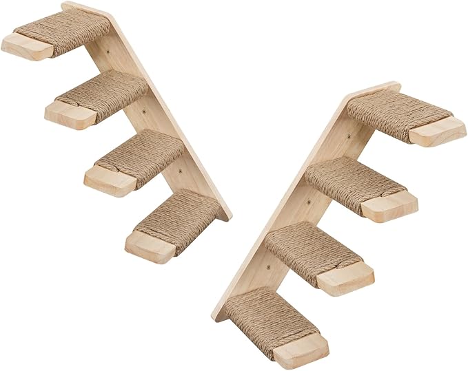 HOOBRO Cat Wall Shelves Set of 2, Wood Wall Mounted 4-Level Cat Ladders, Cat Climbing Shelves with Jute Scratching Steps, Cat Wall Climber Furniture, for Cat Perches and Platforms, Nature NL42CS03