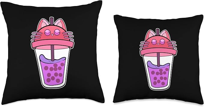 Anime Cat Girl Bubble Tea Manga Figure Kitten Boba Cats Throw Pillow
