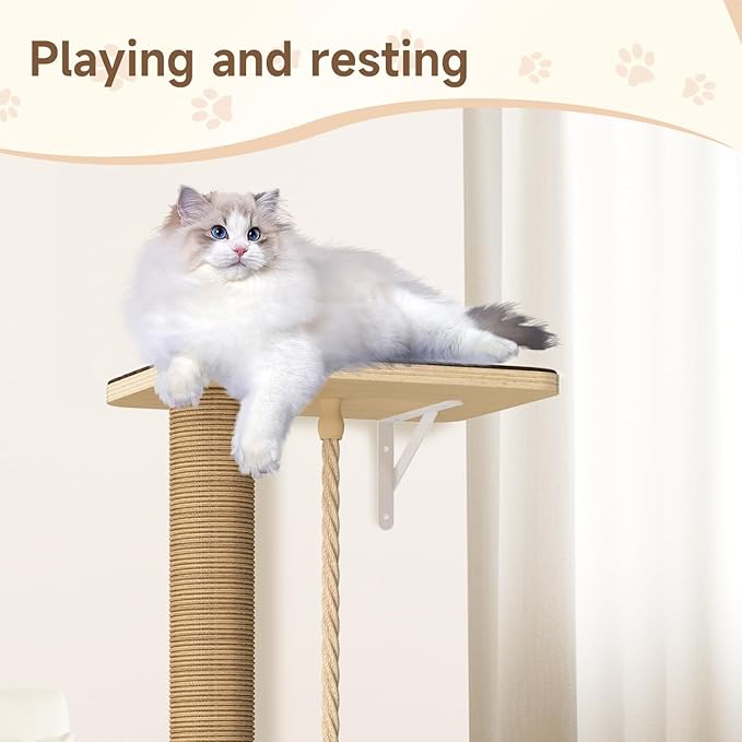 Cat Tree Wall Mounted 4 Tier at Climbing Wall Shelves with Scratcher Post for Indoor Cats Activity, Large Cat Wall Furniture with Cat Pads and Rope