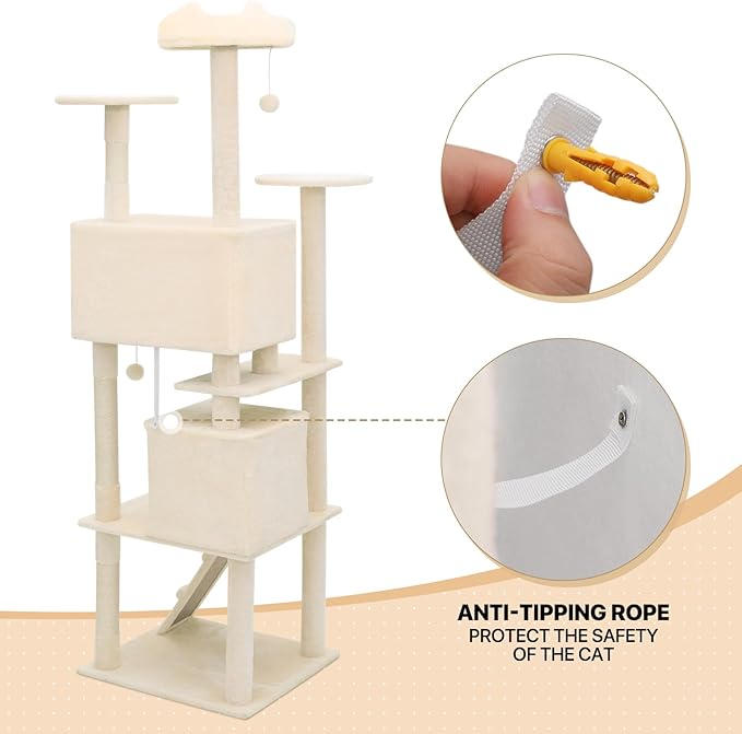 MoNiBloom Cat Tree, 77 Inch Cat Tree Tower with 2 Condo, Tall Cat Tower with Scratching Post, Cat Climbing Tower, Cat Tree for Indoor Cats, Beige