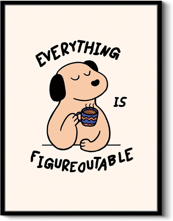 12"x16" Cozy Cute Motivational Framed Canvas Inspirational Wall Art, Uplifting “Everything Is Figureoutable” Wall Decor, Positive Quote Dog Coffee Modern Artwork Home Office Decor