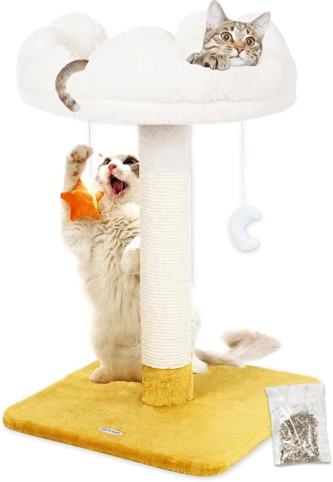 Happi N Pets 28" Large Cloud Cat Scratching Post with Bed(Ø15.3in), Cat Tree Tower for Indoor Cats, Tall Scratch Post with Natural Sisal Ropes & Soft Plush Perch, Removable Cover & Enhanced Base