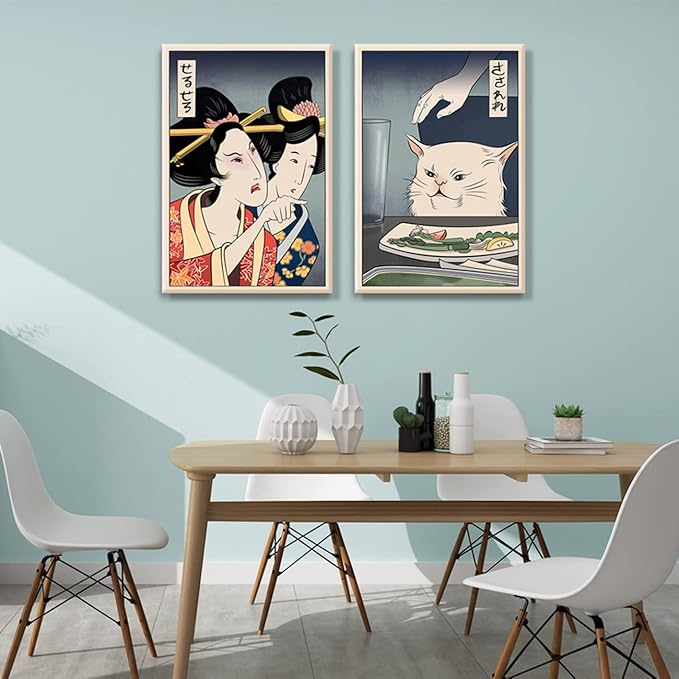 2pcs Funny Cute Canvas Painting Japanese Woman Yelling at Cat Eating Food Poster Print Vintage Wall Art Meme Picture Dining Room Kitchen Ready to Hang 12x16 Inches…