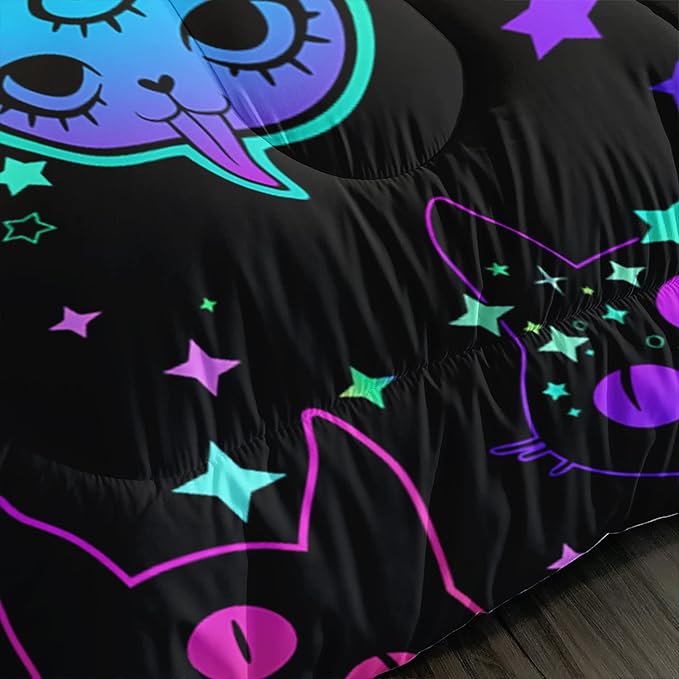 Axolotl Cat Comforter Set Full,Kawaii Trippy Cat Moon Stars Bedding Set with 1 Comforter 2 Pillowcases for Kids Boys Girls Teens Adults Room Decor All Season,Colorful Neon Trippy Bed Set