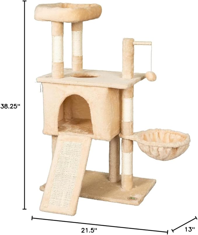 Go Pet Club Everyday Value 38in Cat Tree Tower Cat Condo Comfy Large Perch, Scratching Posts, Scratching Board, Dangling Ball, Cat Play Tower for Cats and Kittens, Beige