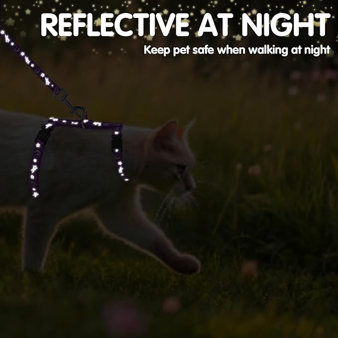 PAWCHIE Cat Harness with Leash and Collar Set - Escape Proof Adjustable H-shped Cat Harness with Star and Moon Pattern Glow in The Dark for Kitty Outdoor Walking