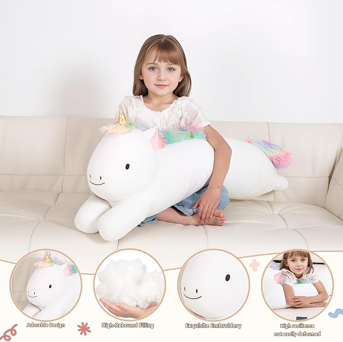 40inch Giant Unicorn Stuffed Long Pillow Plush Toy, Soft Rainbow Horse Large Stuffed Animals, Squffy Sleeping Unicorn Plushies Gift for Kids Boys Girls Birthday