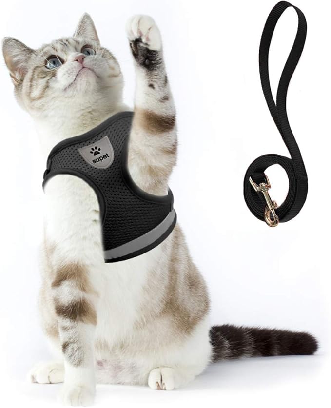 Supet Cat Harness and Leash Set - Soft Mesh Adjustable Cat Vest Harness with Reflective Strap for Walking Cat and Puppy Rabbit
