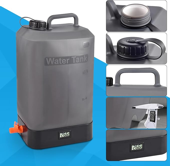 B. TAWD 4.5 Gallon Silicone Water Tank, Portable Camping Shower, USB Battery Charging, Solar Heating, with Shower Head, Electric Portable Outdoor Shower, Built-in Thermometer, Beach, Camping, Hiking