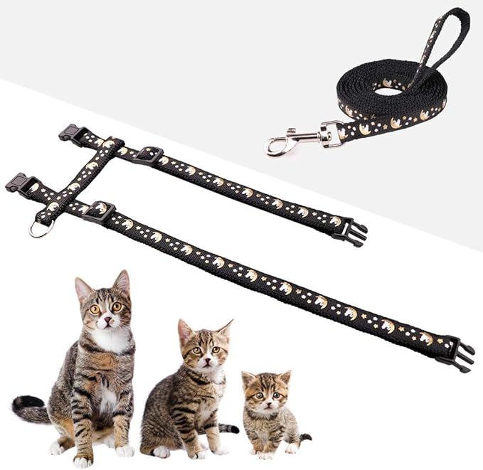 Cat Harness and Leash Set Gold Moons Stars Soft Nylon Escape Proof Adjustable for Kittens Small Animals Glow in The Dark (Black)