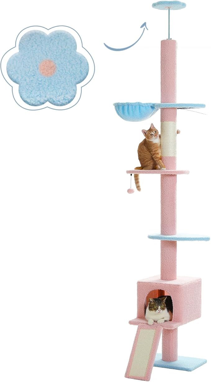 PETEPELA Floor to Ceiling Cat Tree, Cat Tower 5 Tiers Tall (83-108 Inches) Adjustable Height, Cat Climbing Tree Featuring with Cat Condo, Cat Scratching Post and Cat Perches for Indoor Cats, Blue