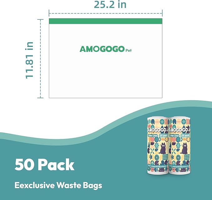 50 Pack Litter Box Liner Bags, Compatible with BCHARYA Self-Cleaning Cat Litter Box, Replacement Waste Bags, Drawstring Leak-proof Automatic Cat Litter Trash Bags, 25.2" x 11.81"