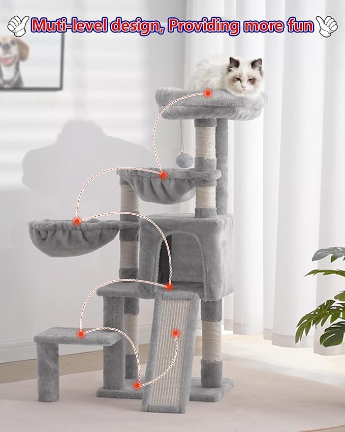 Cat Tree, Cat Tower with condo, 2 Baskets, Large Platform, Scratch Board, Cat Scratching Posts for Indoor Cats, Light Gray GCT003SW