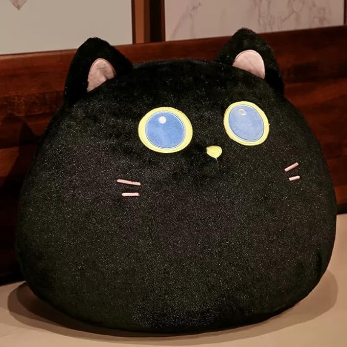 ARELUX 15.7 inch Round Black Cat Plush Pillow Stuffed Animal Cute Plush Toy Squishy Anime Round Black Cat Plushie Fluffy Kawaii Soft Hugging Pillow for Kids Boys Girls