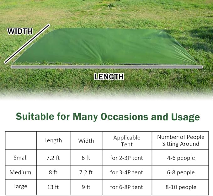 ayamaya Tent Footprint, PU 3000 Waterproof Tent Ground Cloth Large Size for 2-8 Person Family Camping Tents Ground Sheet Mat with 6 Tent Stakes for Camping Hiking Picnic - 13x9FT /8x7FT /6x7FT /5x7FT
