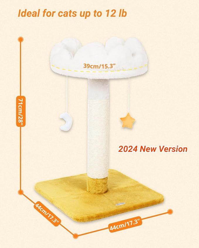 Happi N Pets 28" Large Cloud Cat Scratching Post with Bed(Ø15.3in), Cat Tree Tower for Indoor Cats, Tall Scratch Post with Natural Sisal Ropes & Soft Plush Perch, Removable Cover & Enhanced Base