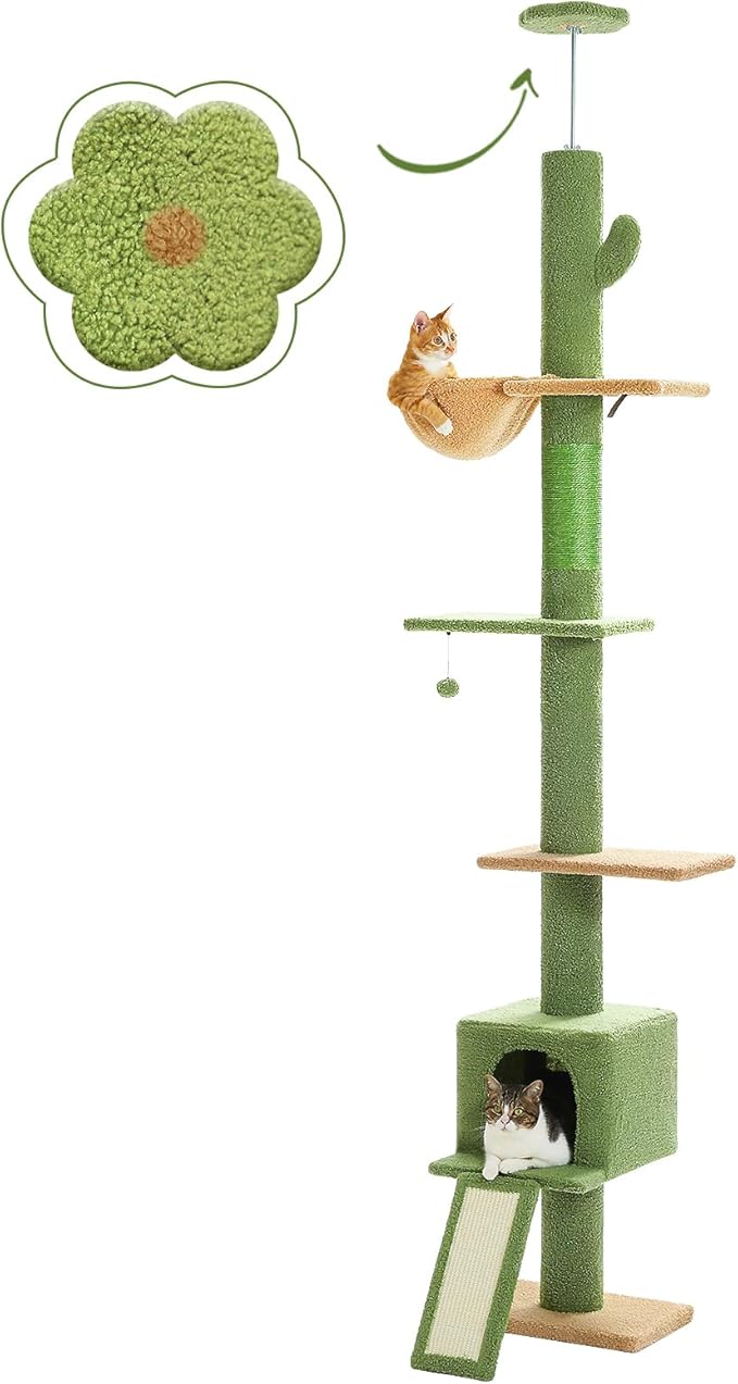 PETEPELA Floor to Ceiling Cat Tree, Cat Tower 5 Tiers Tall (83-108 Inches) Adjustable Height, Cat Climbing Tree Featuring with Cat Condo, Cat Scratching Post and Cat Perches for Indoor Cats, Green
