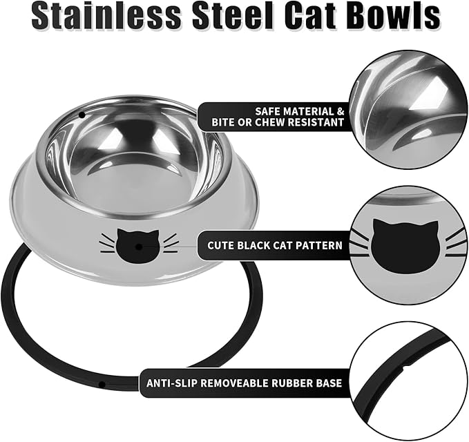 2Pcs Cat Bowls Non-Slip Stainless Steel Small Cat Food Bowls Unbreakable Thicken Cat Feeder 7 Oz Cat Dishes Suitable for Indoor Small Pets Removable Rubber Base Easily Clean Lovely Color