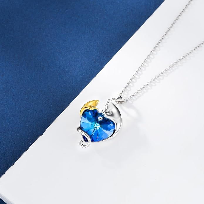 AOBOCO Valentine Cat Necklace for Women 925 Sterling Silver Cat Pendant Necklace Embellished with Crystals from Austria Jewelry Gifts for Cat Lovers