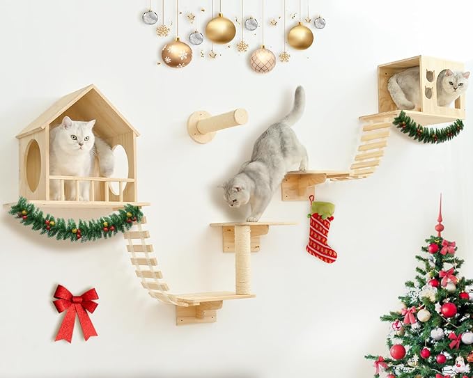 Cat Wall Shelves, Wall Mounted Cat Climbing Shelves, Wooden Cat Furniture with 2 Cat Condo Houses, 3 Cat Perches, 2 Bridge Ladders and 2 Scratching Posts