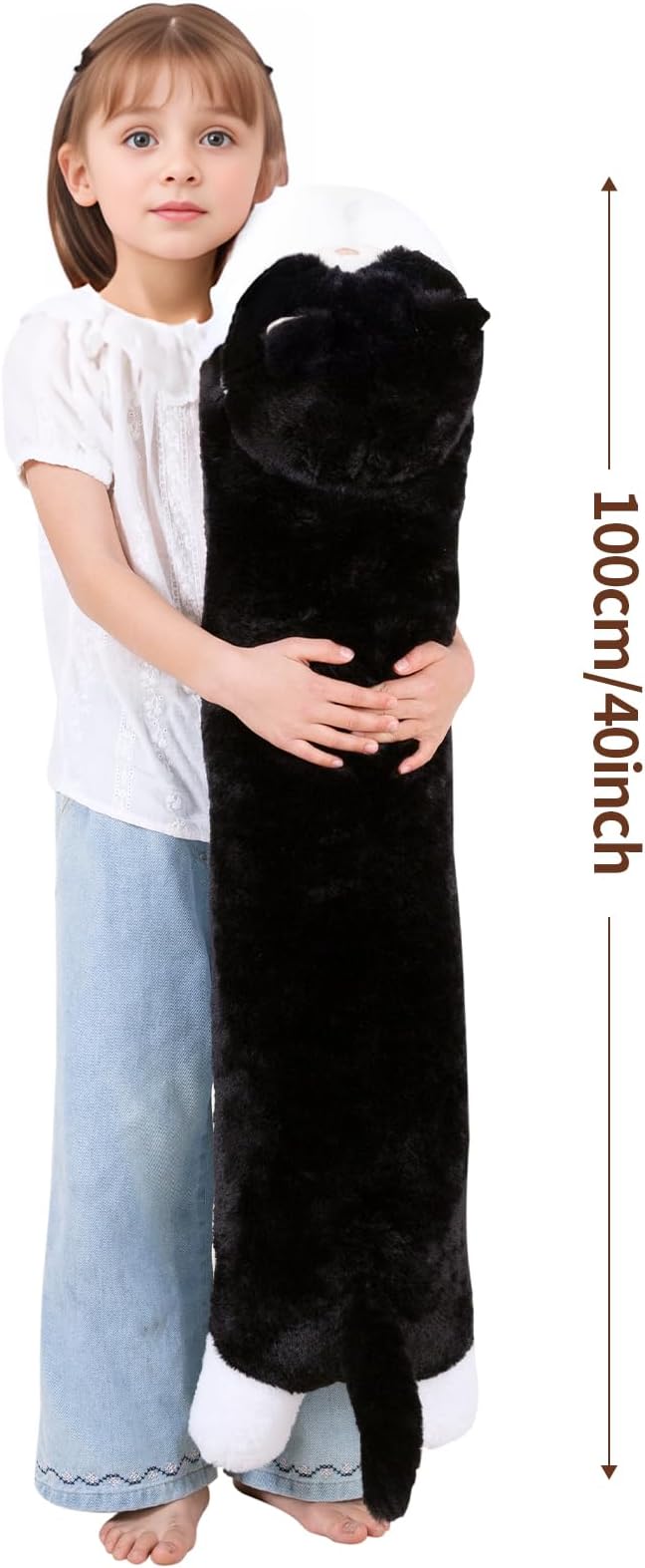 40'' Large Cat Sleeping Long Plush Pillow Toy, Milk Black White Kitty Soft Cat Stuffed Animals, Big Kitten Plushies Cute Doll Gift for Kids Girls Boys, Birthday