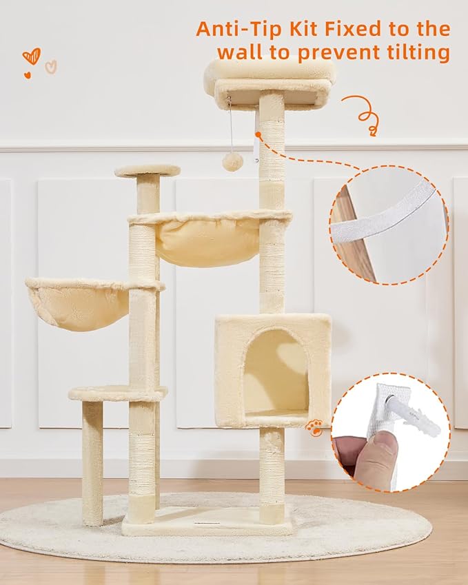 Taoqimiao Cat Tree, 51-Inch Cat Tower for Kittens, Cat Tree Tower with 5 Scratching Posts, Plush Cat Condo with Plush Perch, 2 Hammock, Pompoms, Beige MS019XL-M