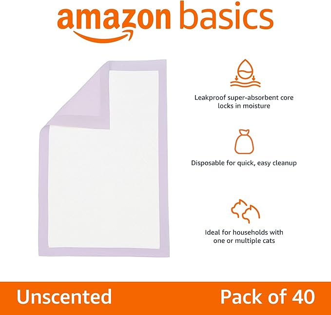 Amazon Basics Cat Pad Refills for Litter Box, Unscented, Pack of 40, Polyethylene, Purple and White