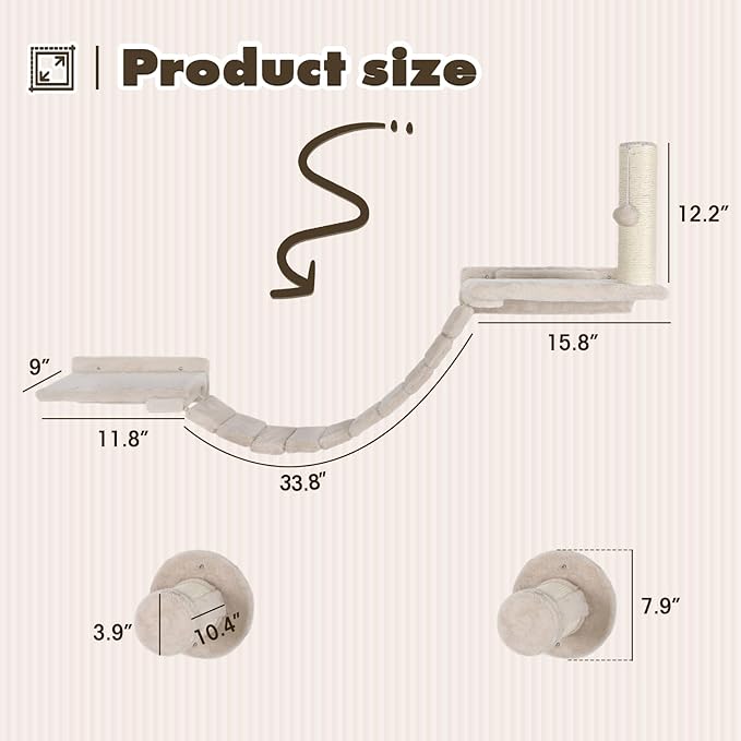 Cat Wall Shelves - 7 Pcs Luxury Wall-Mounted Cat Furniture Set, Including 2 Cat Wall Shelves, 2 Solid Wood Steps, 1 Cat Bridge Ladder, 1 Sisal Cat Scratcher Post, 1 Hanging Ball for Large Cats