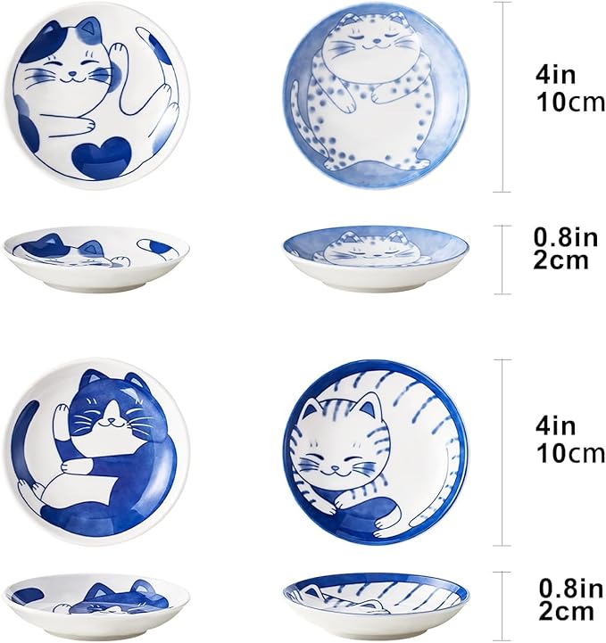 4 Pcs 4 Inches Cute Cat Soy Sauce Dish,Ceramic Cat Bowls,Japanese Cat Plates,Dipping Bowls,Snack Dish,Small Ceramic Saucers Plates, Sushi Plate Set, Mini Bowls, Small Bowls for Sides Dish (4 Inch)