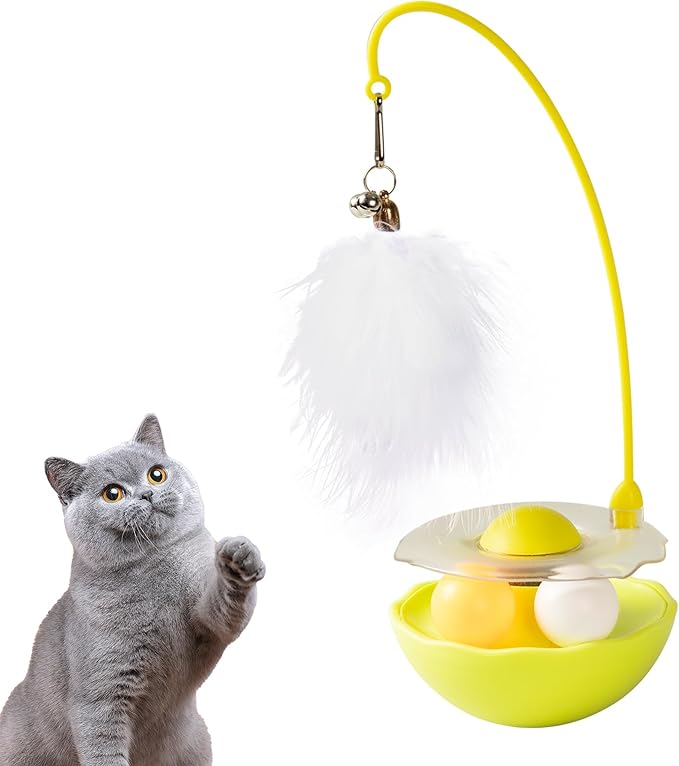 3-in-1 Tumbler Catnip Toy Interactive Cat Toys Cat Teaser with Feather and Bell, Track Balls Kitten Toys for Indoor Cats 9.8'' High (Yellow)