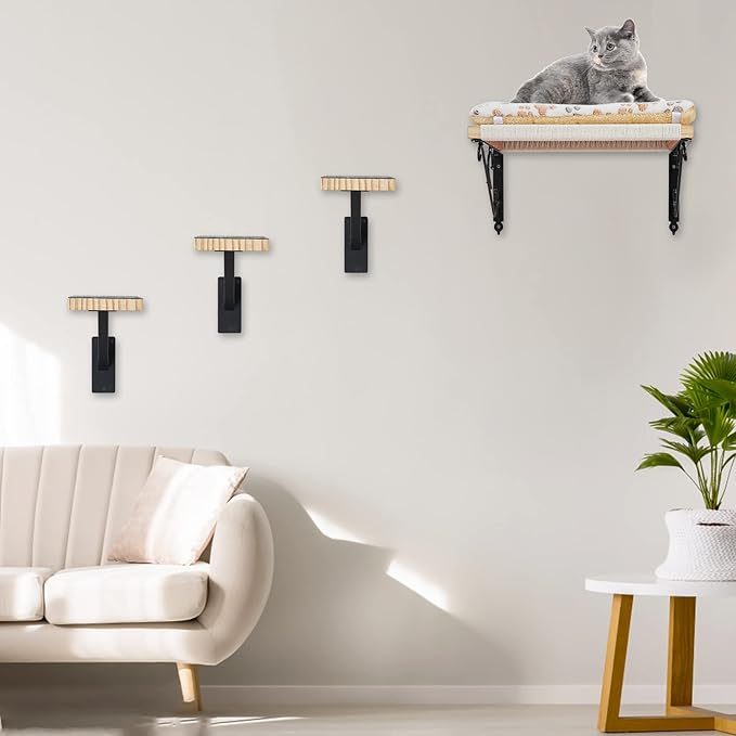 Cat Climbing Steps for Wall (Pack of 3) -Sturdy Metal Support Cat Wall Steps, Wall Floating Shelves, Indoor Cat Wall Furniture & Perch, Cat Hammock Bed, Cat Ladder Stairs-Easy to Install