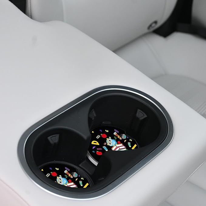 2 Pack Ceramic Cup Holders,Owl and Pencil Pattern Car Coasters Set for Women/Men,2.56" Cup Car Holder Coasters,with A Finger Notch,2.56" Ceramic Stone & Cork Base Drink Coasters.