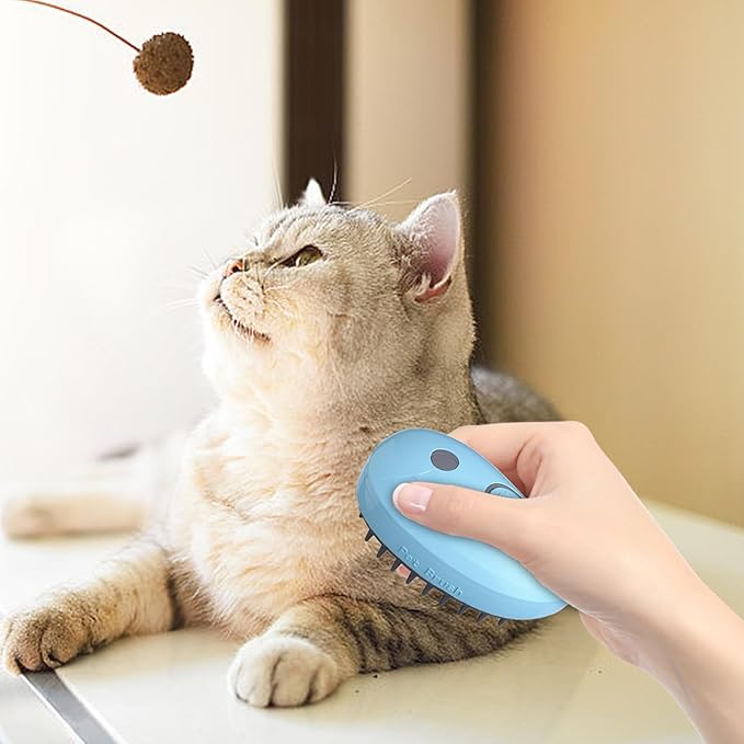 3 in 1 Silicone Grooming Brush for Cats and Dogs - Steamy Massager for Removing Tangles and Loose Hair (Blue)