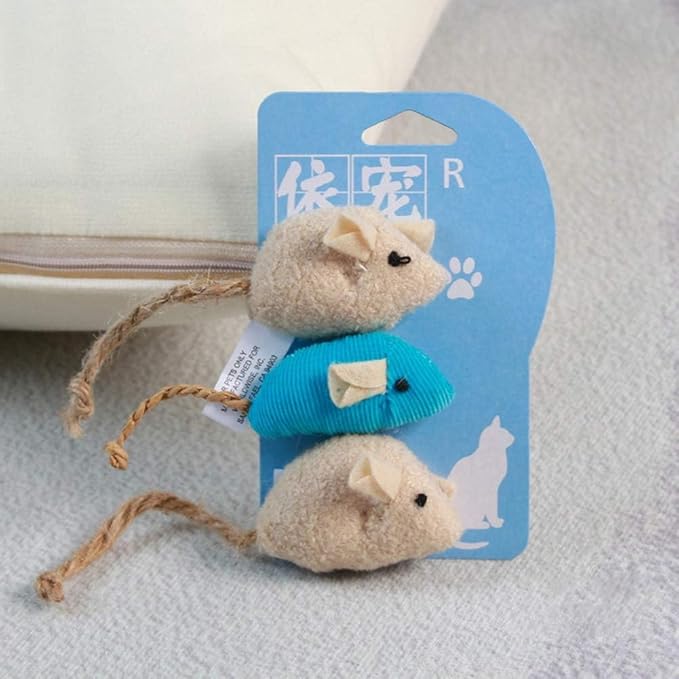 3Pcs Pets Interactive Playing Toys, Plush Simulation Rat Mouse Scratch Bite Chewing Toy for Pet Cat Kitten Khaki Blue Cat Mice and Animals Toys Pet Supplies