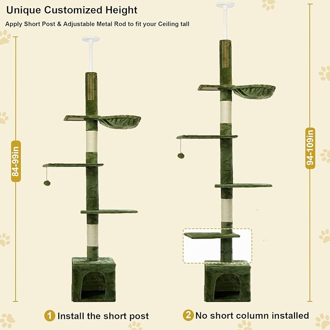 Floor to Ceiling Cat Tree, 5-Tier Height (95-109 inches) - Adjustable Cat Climbing Tower with Sisal Scratching Posts, Cat Condo, Hammock, Platforms, and Hanging Balls