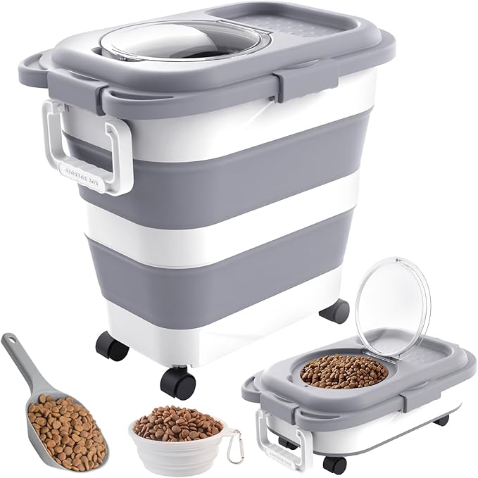 25-28 Lbs Dog Food Storage Container with Handle, Collapsible Dog Food Container with Airtight Lids, Wheels, Large Pet food storage Container for Dog Cat, Dog Food Scoop, Dog Food Bowl