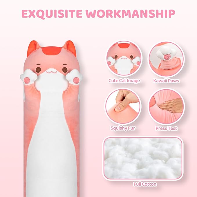 Artist-Designed Ultra Soft Long Cat Plush Body Pillow, Extra Stuffing for Comfort, Premium Quality Stuffed Animal Gift for Girlfriend or Cat Lovers (Pink Cat Body Pillow 36 Inch)