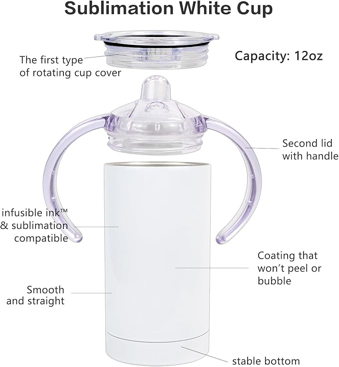 6 Pack Sublimation Blanks Sippy Cup Baby Bottle with Handles Straight Stainless Steel Insulated Skinny Tumblers with Splash proof Lid 12 oz Shatterproof Water Tumbler
