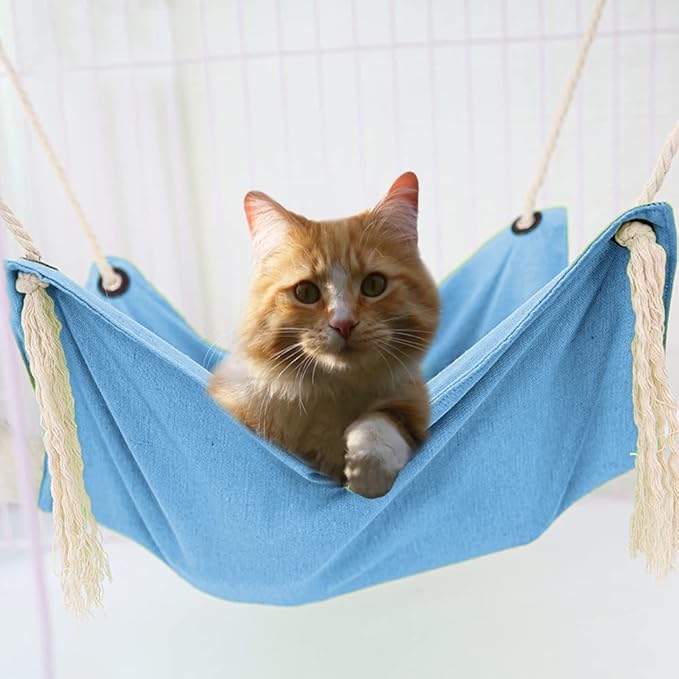 Cat Hammock, Breathable Pet Cage Hammock, Cat Hanging Bed with Metal Carabiners and Tassels, Cat Hanging Hammock for Cage, Hammocks for Kittens, Rabbits, Small Dogs (Light Blue)