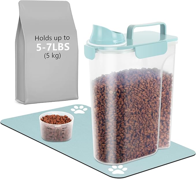 5-7Lbs Portable Airtight Dog Cat Food Container, match pet feeding mat Clean and convenient, making less messy,translucent Storage Bin for Small Animal Kibble,Bird Seed,Oatmeal,Rice-Sky Blue
