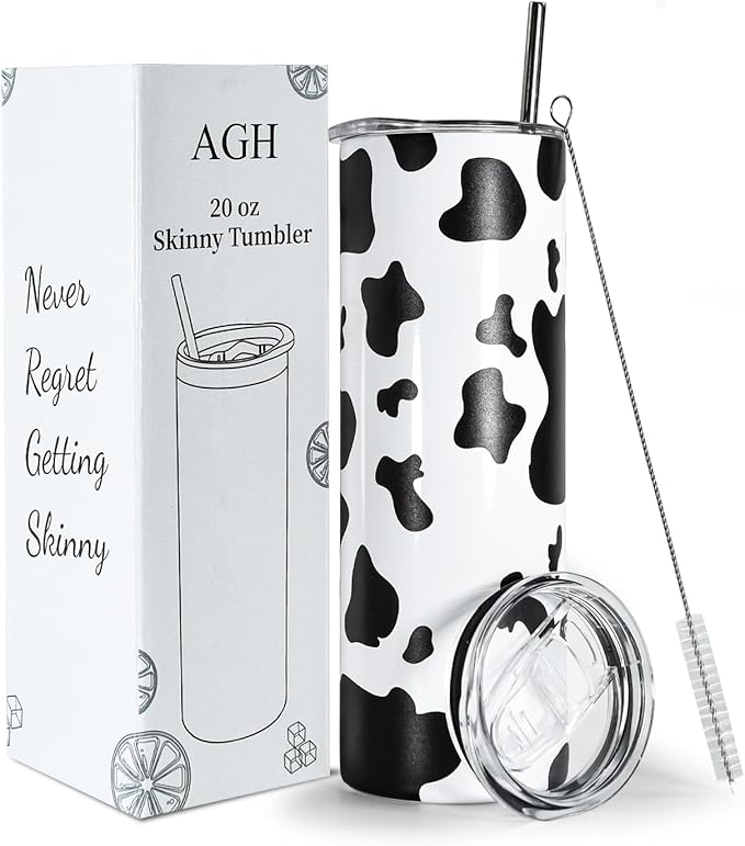 AGH Cow Print Skinny Tumbler with Lid and Straw,20 OZ Straight Stainless Steel Insulated Skinny Cups, Vacuum Double Wall Travel Coffee Mug