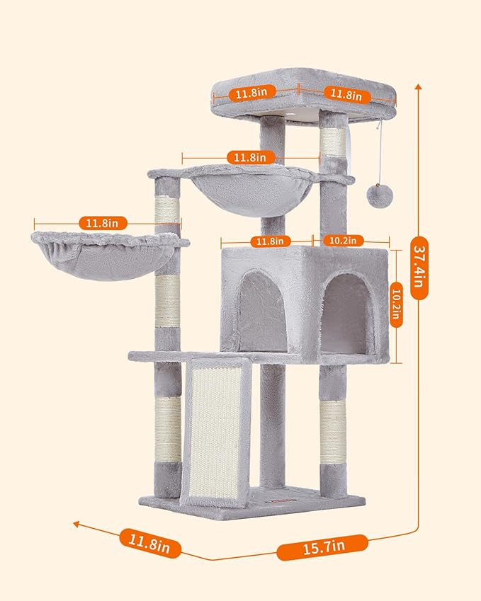 Taoqimiao Cat Tree, 37.4-Inch Cat Tower for Indoor Cats,Suitable for Kittens,Plush Cat Condo with 5 Scratching Posts, Plush Perch,2 Hammock,Pompoms, Scratching Ramp MS018W Light Gray