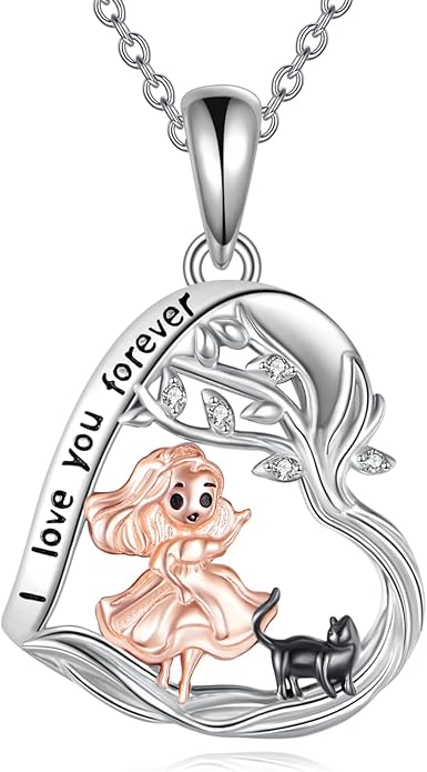 Alice in Wonderland Necklace Sterling Silver Alice Rabbit/Cat Heart Pendant I Love You Forever Jewelry Gift for Women
