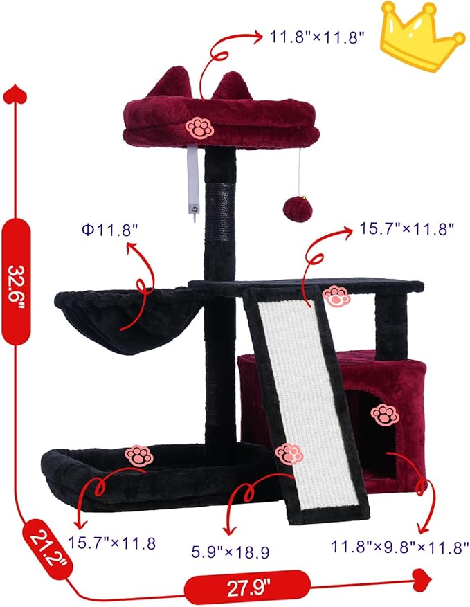 Gothic Cat Tree, Halloween Cat Tower with condo, Basket, Large Bed, Platform, Scratch Board, Cat Scratching Posts for Indoor Cats, Black and Red GCT002SBR