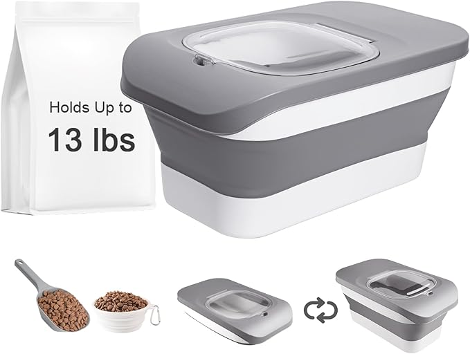 10-13 Lbs Cat Food Container,Collapsible Cat Food Storage with Airtight Lid,Silicone Pet Bowl and Cat Food Scoop，Pet Food Storage containers Dry Food for Pets, Rice (Grey 13lbs 02)