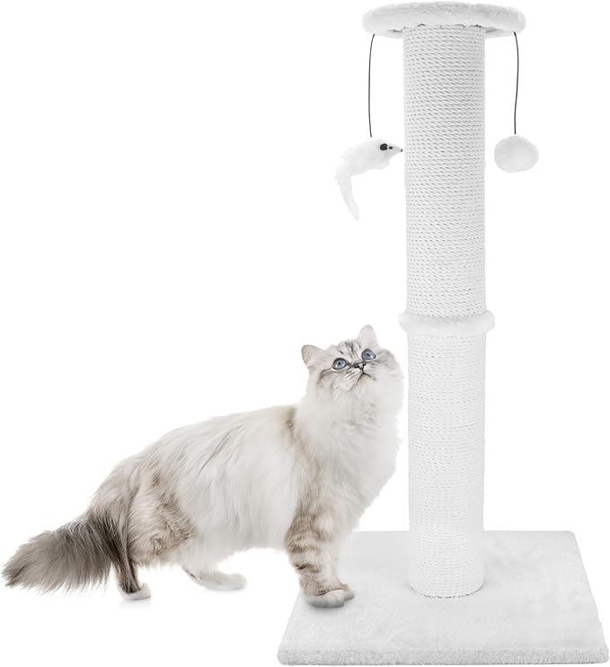 Cat Scratching Post 34 Inches Heavy Duty and Thicker Cat Scratching Post Sisal Rope with Hanging Ball and Mice Scratching Post for Indoor Cats and Adult(White)