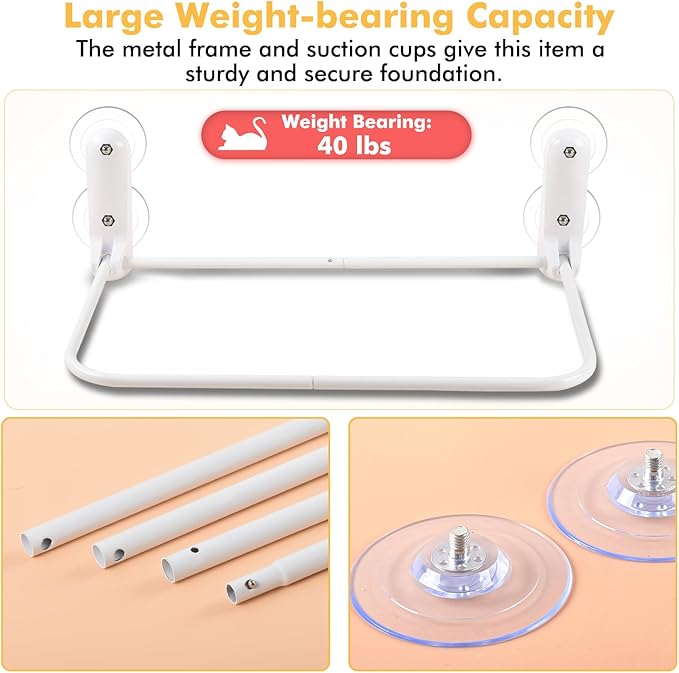 Cat Window Perch, Cordless Cat Hammock Window Seat with Cozy Pad Bed Cover for Indoor Cats, Durable Metal Frame Support Cat Bed with 4 Suction Cups for Large Cats (Cushion Pad Bed - Grey)